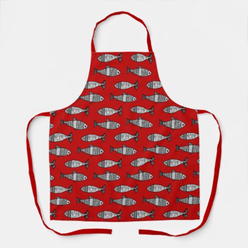 Retro Modern Fish Deep Red and Gray Apron