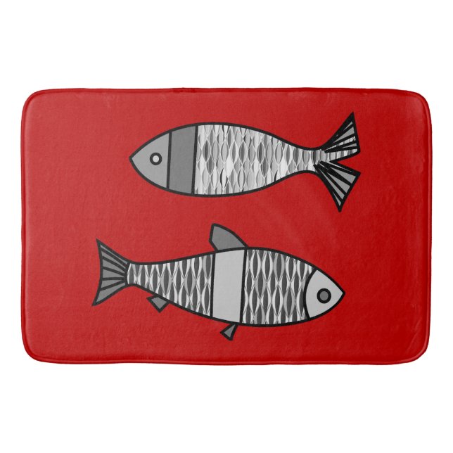 Retro Modern Fish, Deep Red and Gray / Grey Bath Mat (Front)