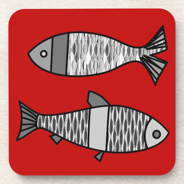 Retro Modern Fish, Deep Red and Gray / Grey Beverage Coaster (Front)