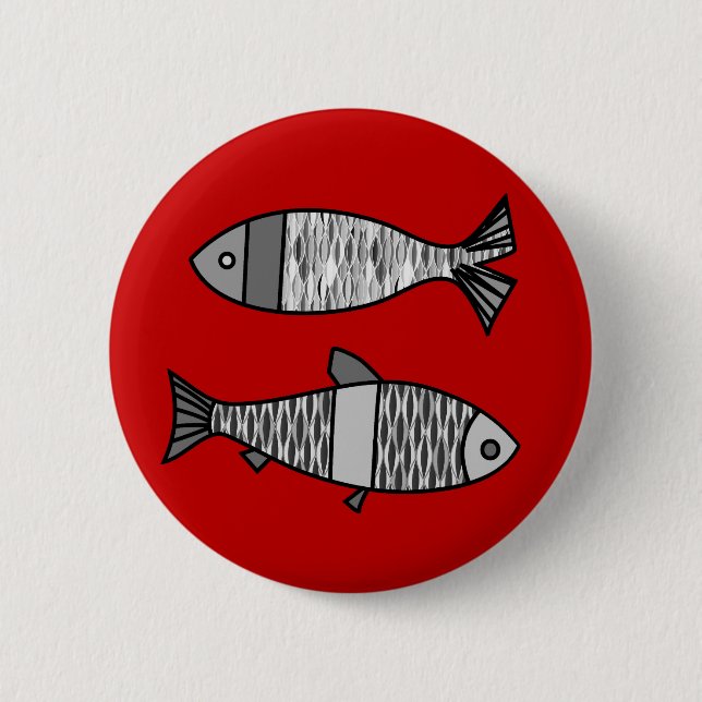 Retro Modern Fish, Deep Red and Gray / Grey Button (Front)
