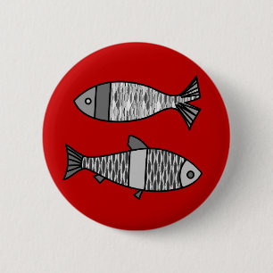 Retro Modern Fish, Deep Red and Gray / Grey Button