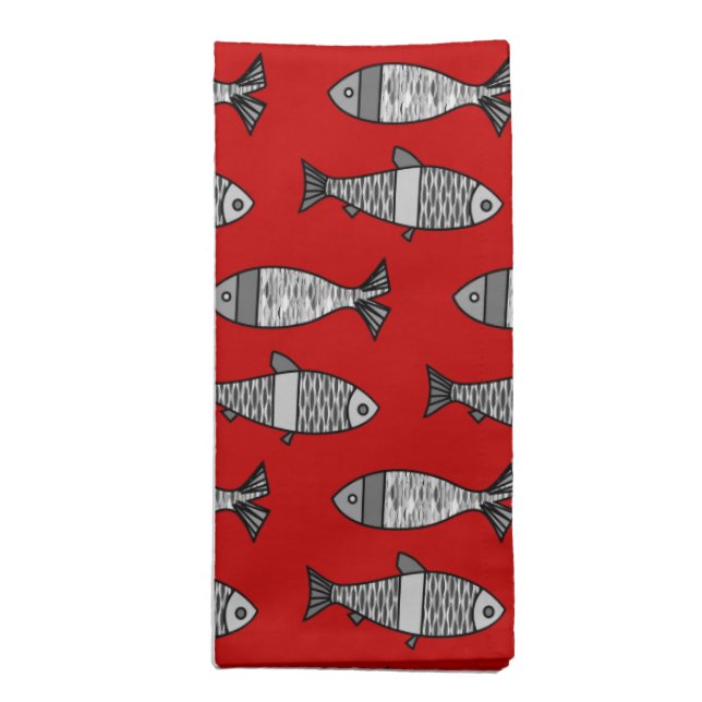 Retro Modern Fish, Deep Red and Gray / Grey Cloth Napkin (Folded)