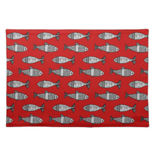 Retro Modern Fish, Deep Red and Gray / Grey Cloth Placemat