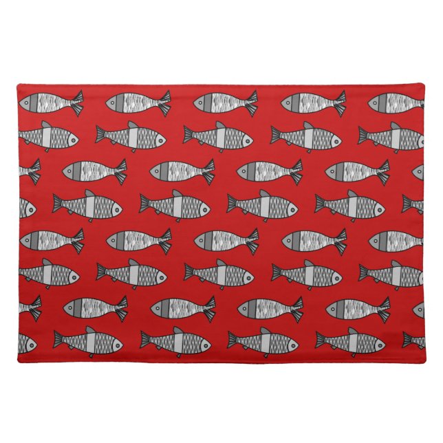 Retro Modern Fish, Deep Red and Gray / Grey Cloth Placemat (Front)