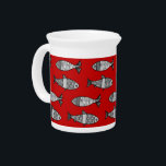 Retro Modern Fish, Deep Red and Gray / Grey Drink Pitcher<br><div class="desc">Pitcher in a Mid-Century Modern,  whimsical,  retro fish pattern,  in shades of  light silver gray / grey to deep graphite gray on a deep lipstick red background</div>