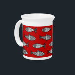 Retro Modern Fish, Deep Red and Gray / Grey Drink Pitcher<br><div class="desc">Pitcher in a Mid-Century Modern,  whimsical,  retro fish pattern,  in shades of  light silver gray / grey to deep graphite gray on a deep lipstick red background</div>