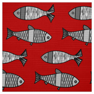 Retro Modern Fish, Deep Red and Gray / Grey Fabric