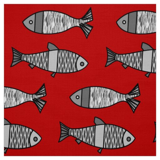 Retro Modern Fish, Deep Red and Gray / Grey Fabric