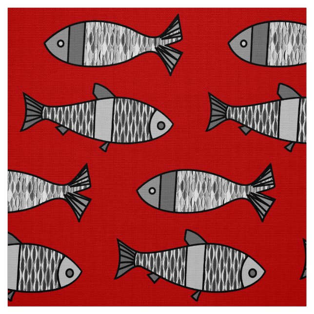 Retro Modern Fish, Deep Red and Gray / Grey Fabric (Swatch)