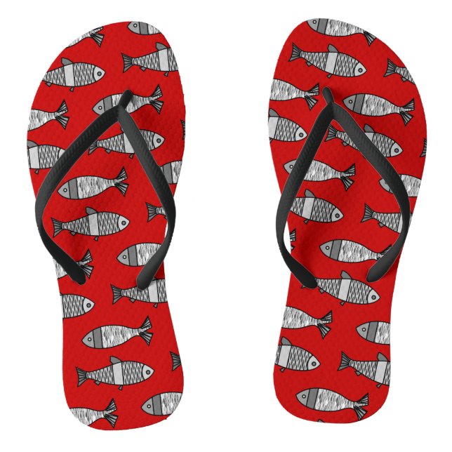 Retro Modern Fish, Deep Red and Gray / Grey Flip Flops (Footbed)