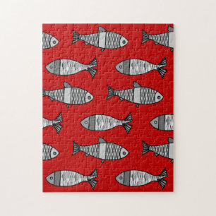 Retro Modern Fish, Deep Red and Gray / Grey Jigsaw Puzzle
