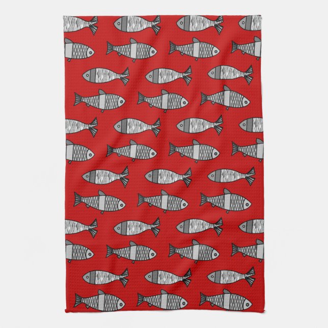 Retro Modern Fish, Deep Red and Gray / Grey Kitchen Towel (Vertical)
