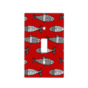 Retro Modern Fish, Deep Red and Gray / Grey Light Switch Cover