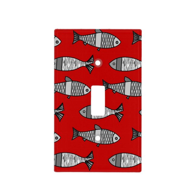 Retro Modern Fish, Deep Red and Gray / Grey Light Switch Cover (Front)