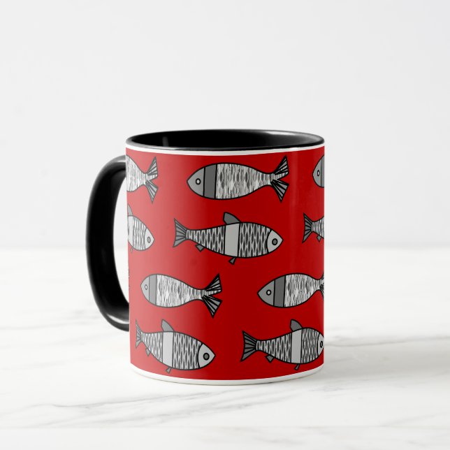Retro Modern Fish, Deep Red and Gray / Grey Mug (Front Left)