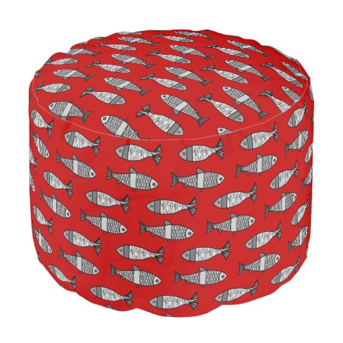 Retro Modern Fish Deep Red and Gray  Grey Pouf
