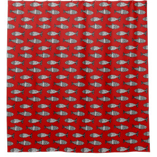 Retro Modern Fish, Deep Red and Gray / Grey Shower Curtain