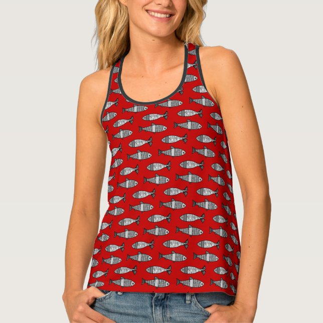 Retro Modern Fish, Deep Red and Gray / Grey Tank Top (Front)