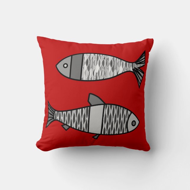 Retro Modern Fish, Deep Red and Gray / Grey Throw Pillow (Front)