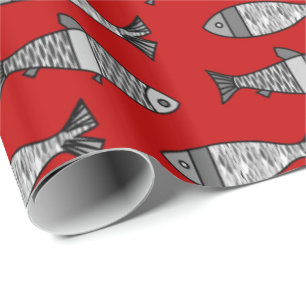 Retro Modern Fish, Deep Red and Gray / Grey Wrapping Paper