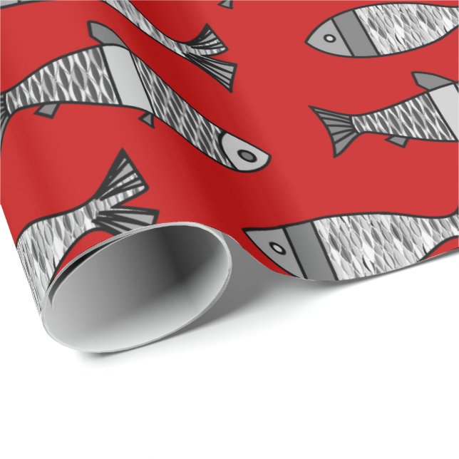 Retro Modern Fish, Deep Red and Gray / Grey Wrapping Paper (Roll Corner)