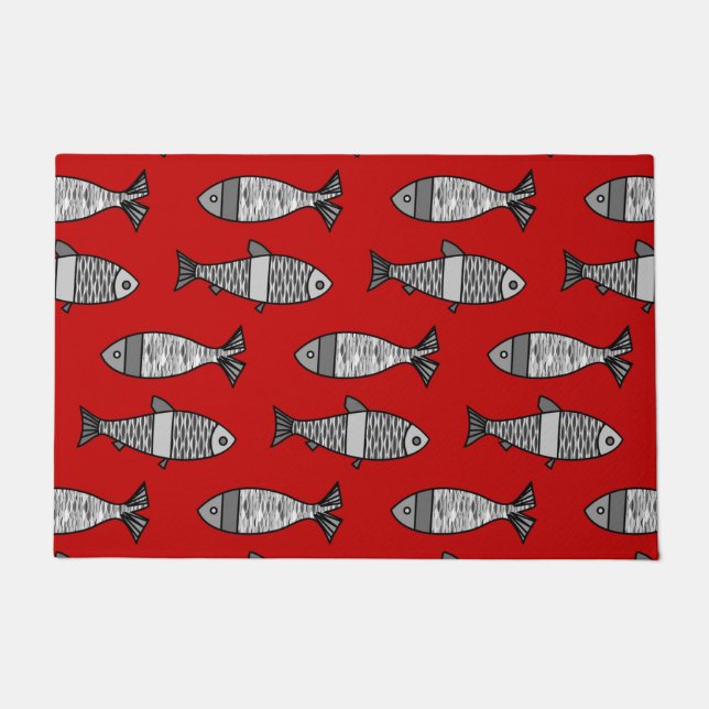Retro Modern Fish, Deep Red & Gray / Grey Doormat (Front)