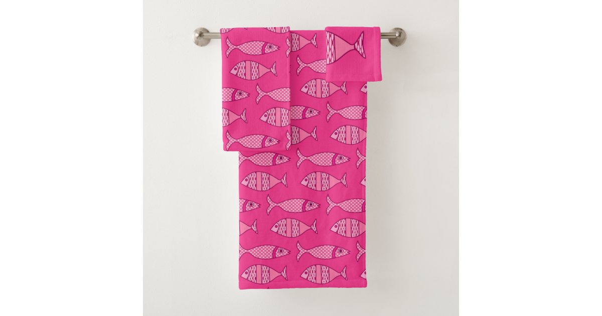 Retro Modern Fish, Fuchsia and Light Pink Bath Towel Set