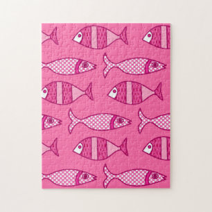 Retro Modern Fish, Fuchsia and Light Pink Jigsaw Puzzle
