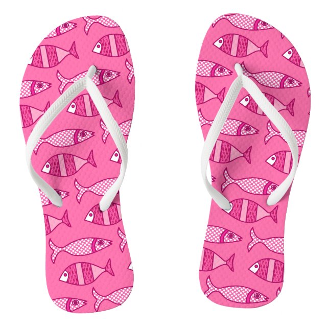Retro Modern Fish, Fuchsia, Light Pink, Deep Pink Flip Flops (Footbed)