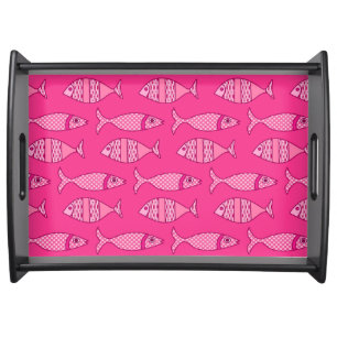 Retro Modern Fish, Fuchsia, Light Pink, Deep Pink Serving Tray