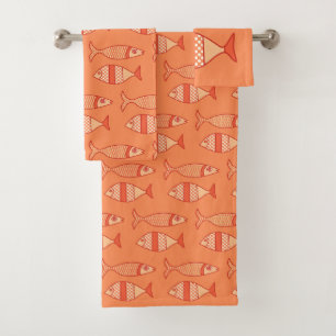 Retro Modern Fish, Light Coral Orange & Tangerine Bath Towel Set