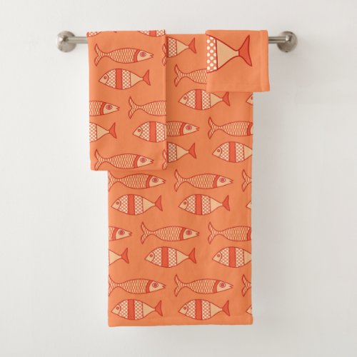 Retro Modern Fish Light Coral Orange  Tangerine Bath Towel Set
