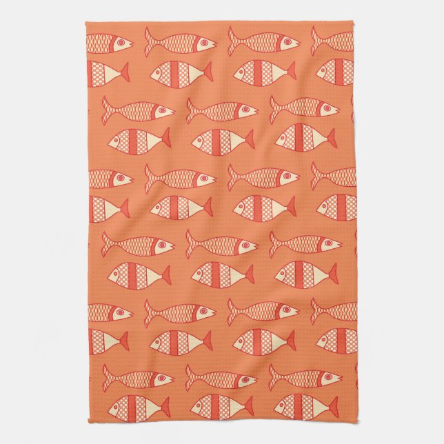 Retro Modern Fish, Light Coral Orange & Tangerine  Kitchen Towel (Vertical)