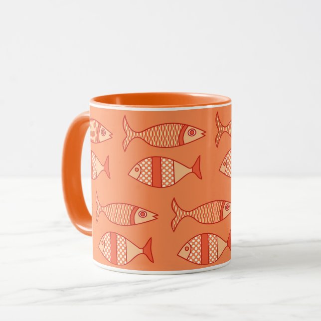Retro Modern Fish, Light Coral Orange & Tangerine Mug (Front Left)