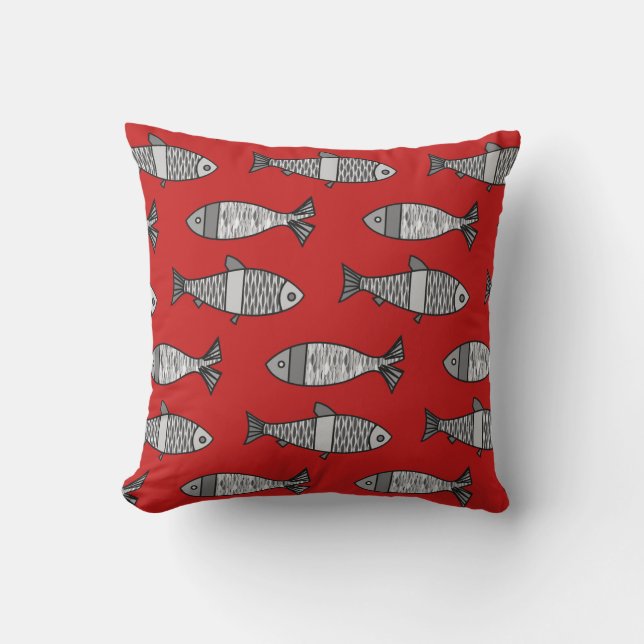 Retro Modern Fish Print, Red and Gray / Grey Throw Pillow (Front)