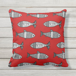 Retro Modern Fish Print, Red and Gray / Grey Throw Pillow