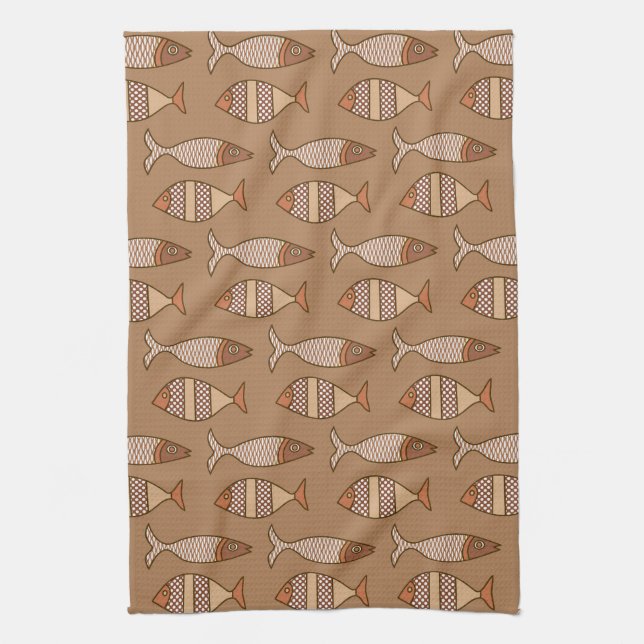 Retro Modern Fish, Tan, Beige and Light Brown Kitchen Towel (Vertical)