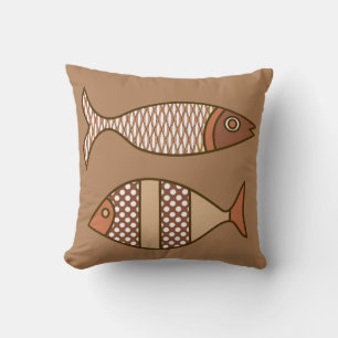 Retro Modern Fish, Tan, Beige and Light Brown Throw Pillow