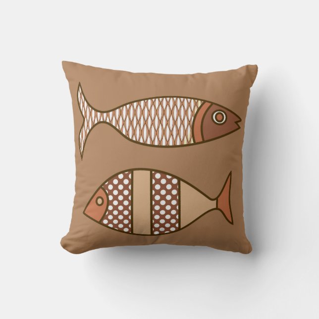 Retro Modern Fish, Tan, Beige and Light Brown Throw Pillow (Front)