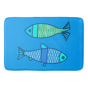Retro Modern Fish, Turquoise and Cerulean Blue Bathroom Mat