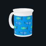 Retro Modern Fish, Turquoise and Cerulean Blue Beverage Pitcher<br><div class="desc">Pitcher in a Mid-Century Modern,  whimsical,  retro fish pattern,  in turquoise,  aqua,  lime green and sky blue,  on a deep cerulean blue background</div>