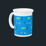 Retro Modern Fish, Turquoise and Cerulean Blue Beverage Pitcher<br><div class="desc">Pitcher in a Mid-Century Modern,  whimsical,  retro fish pattern,  in turquoise,  aqua,  lime green and sky blue,  on a deep cerulean blue background</div>
