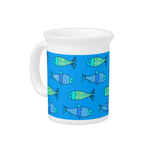 Retro Modern Fish, Turquoise and Cerulean Blue Beverage Pitcher