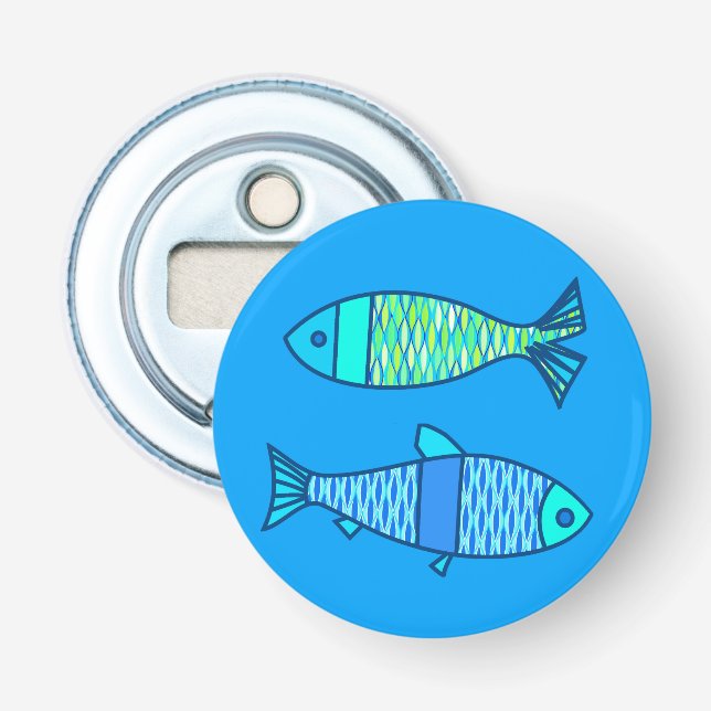 Retro Modern Fish, Turquoise and Cerulean Blue Bottle Opener (Front)
