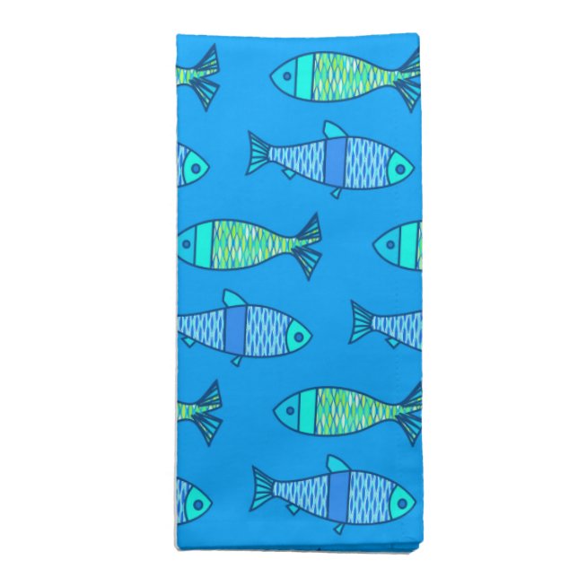 Retro Modern Fish, Turquoise and Cerulean Blue Cloth Napkin (Folded)