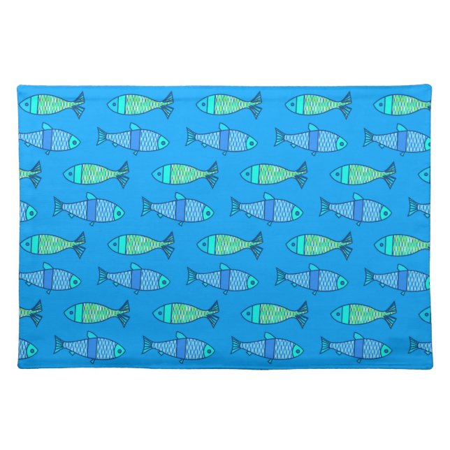 Retro Modern Fish, Turquoise and Cerulean Blue Cloth Placemat (Front)