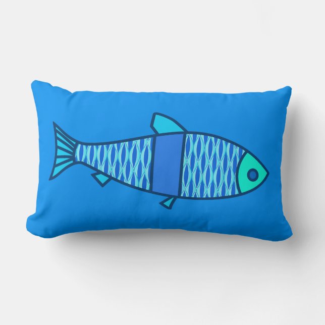 Retro Modern Fish, Turquoise and Cerulean Blue Lumbar Pillow (Front)