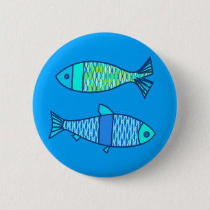 Retro Modern Fish, Turquoise and Cerulean Blue Pinback Button