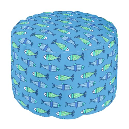 Retro Modern Fish Turquoise and Cerulean Blue Pouf