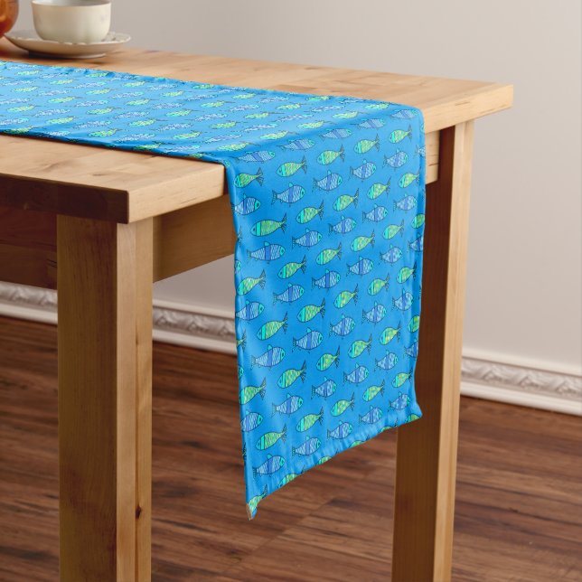 Retro Modern Fish, Turquoise and Cerulean Blue Short Table Runner (In Situ)